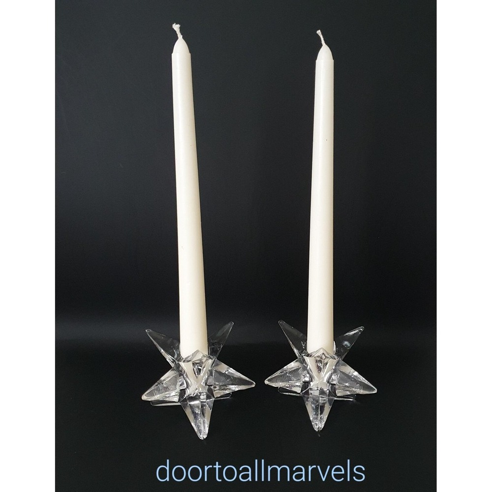 2 Vintage MCM Atomic Sparkling Glass 9-Point Star Shaped Candle Holders